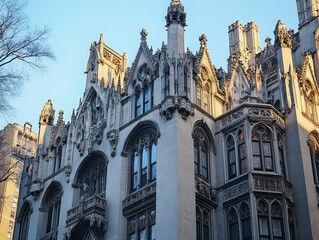 Obraz premium Neo-Gothic facade with towering spires, stone gargoyles, and pointed arches; detailed tracery creates a cathedral-like feel, echoing historical grandeur.