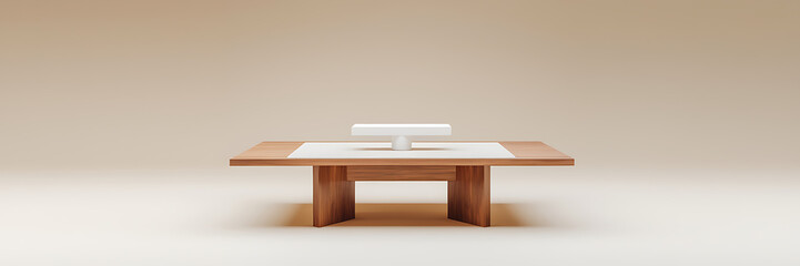 Minimalist wooden table with white platform  beige background  product display  modern design  clean and simple   