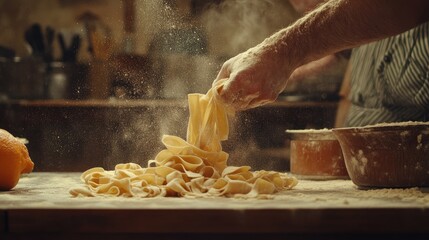Fresh pasta being made by hand, dusted with flour in a traditional Italian kitchen.