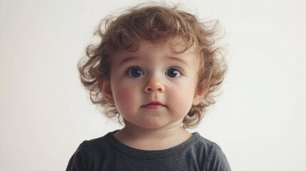 Naklejka premium Baby with a curious expression, soft hair, and round cheeks, looking directly at the camera, isolated on white
