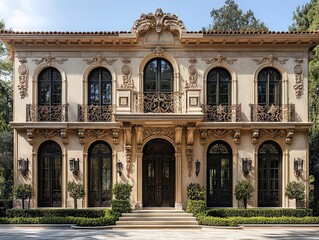 Obraz premium Opulent mansion with intricate detailing, arched windows, and lush surroundings, blending Italian Renaissance style with modern landscaping.