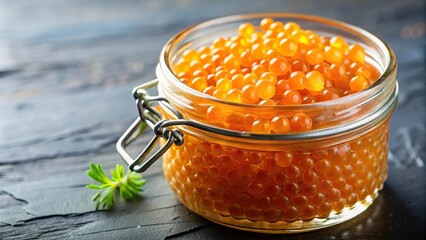 Glass jar of yellow-orange fish roe caviar at a tilted angle
