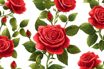 Vibrant red roses with lush green leaves create a stunning floral pattern on a white background