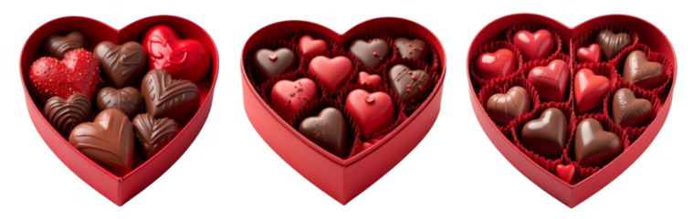 Set of red heart boxes with chocolate heart candies isolated on the background. Chocolate candy box clipart on a transparent background. Generative AI.