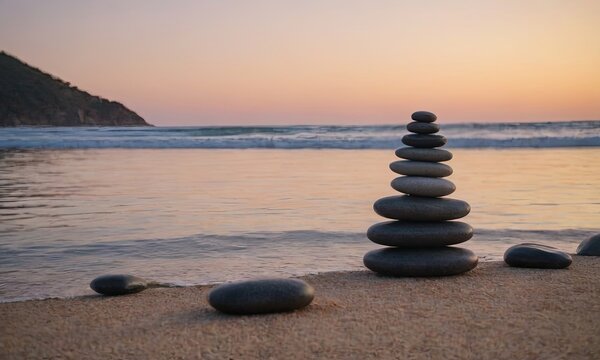 A stack of smooth stones balanced on a sandy beach with ocean waves in the background during sunset, symbolizing balance and tranquility