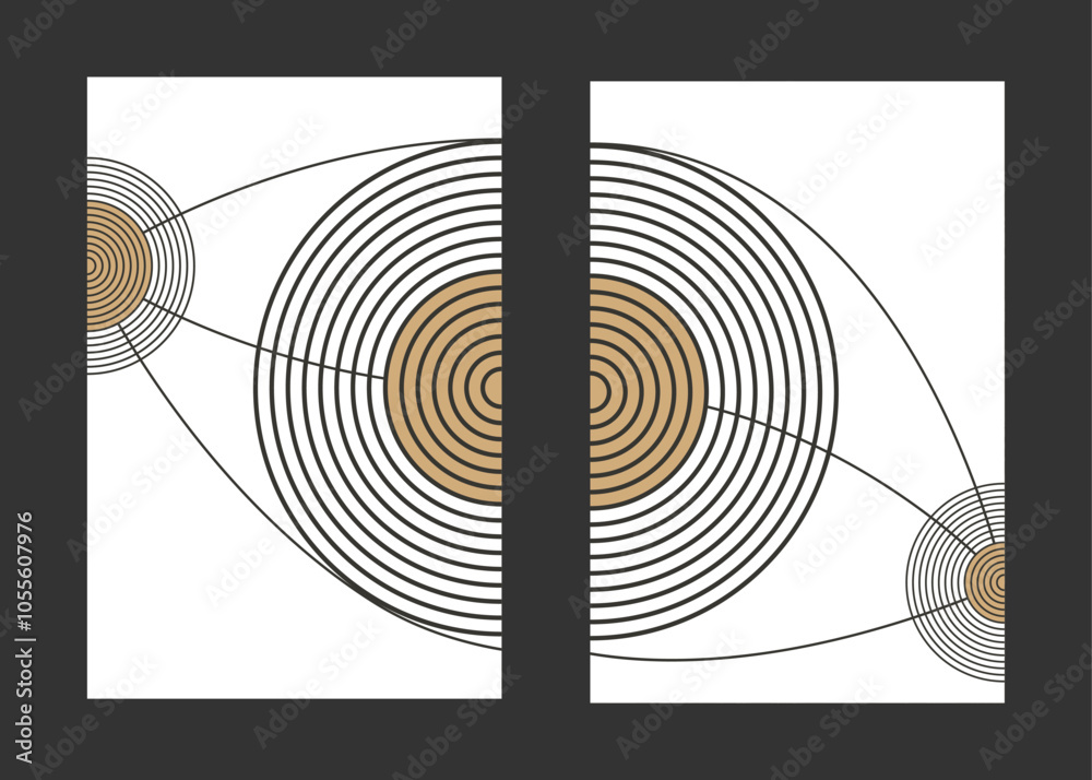Poster abstract minimalist wall art diptych. minimalist circles connected by curves poster. abstract planet