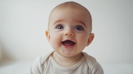 Fototapeta premium Baby with round cheeks, small smile, and wide-eyed look, showing curiosity and cuteness, isolated on white