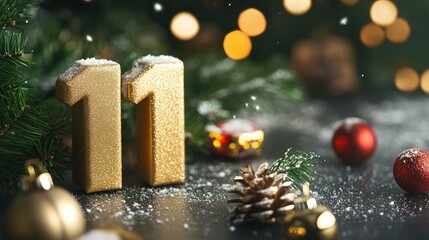 Christmas countdown featuring gold number 11 adorned with festive cracker decorations