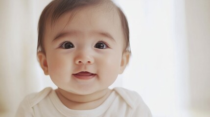 Fototapeta premium Baby with soft cheeks, small smile, and bright eyes, gazing forward with a curious look, isolated on white