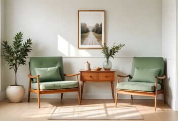 Mockup Poster Frame in Modern Living Room Interior - Contemporary Style 3D Render, Minimalist Poster Frame Mockup in a Modern Living Room - 3D Render Design