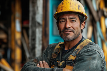 Middle-aged Hispanic man in work attire smiles confidently on a construction site during the day