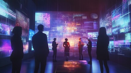 Naklejka premium Group of people in a shared virtual workspace with holographic screens.