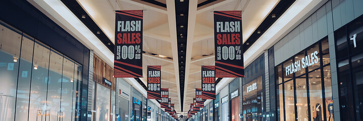 Black and red banners with white text announcing flash sales in a modern shopping mall 