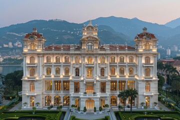 Fototapeta premium Stunning architectural masterpiece of an ornate historical building nestled against a backdrop of picturesque mountains and serene landscape