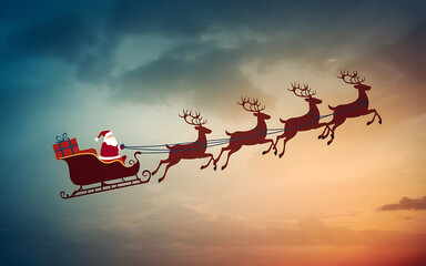 Santa Claus in red suit flying with reindeer in a sleigh against a blue and orange sky  Christmas magic and winter wonderland   