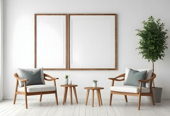 Mockup Poster Frame in Modern Living Room Interior - Contemporary Style 3D Render, Minimalist Poster Frame Mockup in a Modern Living Room - 3D Render Design