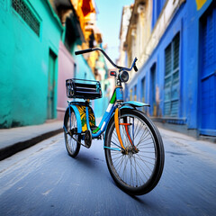 Naklejka premium Colorful Rickshaw Navigating Through Vibrant Streets