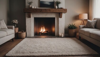 Cozy living room with a fireplace, comfortable seating, and warm lighting creating a relaxing meditative ambiance
