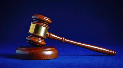 Wooden gavel resting on a blue table against a dark blue backdrop representing law justice and legal matters