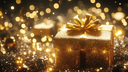 Radiant Golden Gift Box in a Joyful Holiday Setting Surrounded by Shimmering Lights