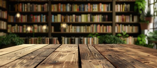 A wooden table is set against a blurred school or university library backdrop offering plentiful copy space for product advertisements amid a lovely array of books