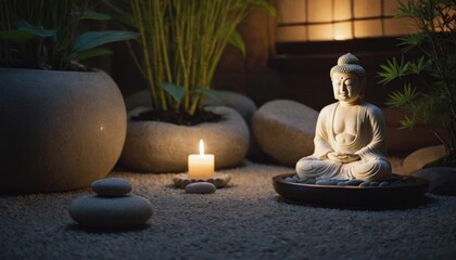 Obraz premium Buddha statue in a peaceful zen garden with candlelight, stones, and bamboo in the background