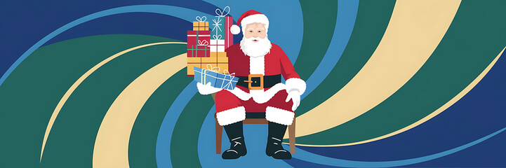 Cheerful Santa Claus in red and white  holding gifts  on a swirling blue and green background  perfect for Christmas and holiday designs   