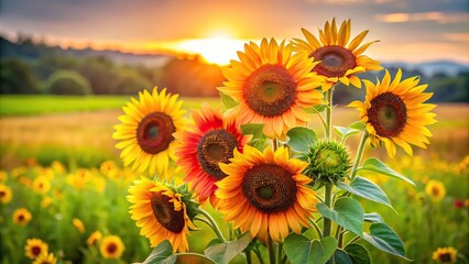 Obraz premium A vibrant bouquet of colorful sunflowers standing tall in a field of green with a warm sunny background, nature's beauty, wildflowers