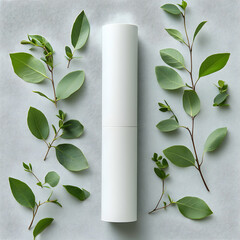 Elegant White Cosmetic Tube Surrounded by Fresh Green Leaves on a Minimalist Background