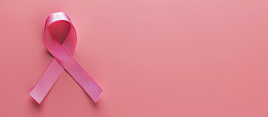 Pink ribbon symbolizing support for International Psoriasis Day displayed on a pink background in a top down view providing ample copy space image