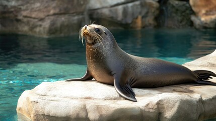 Happy seal basking on a rock in the sun.