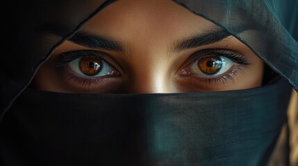 Naklejka premium Close up of a woman s face wearing a niqab focusing on her eyes
