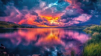 Dramatic Sunset Above Calm Lake with Stormy Clouds and a Vibrant Sky