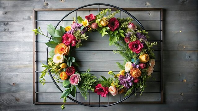 A vibrant floral wreath set within a sturdy metal frame in a modern industrial design style with exposed edges and a sleek finish, sleek, design, metal