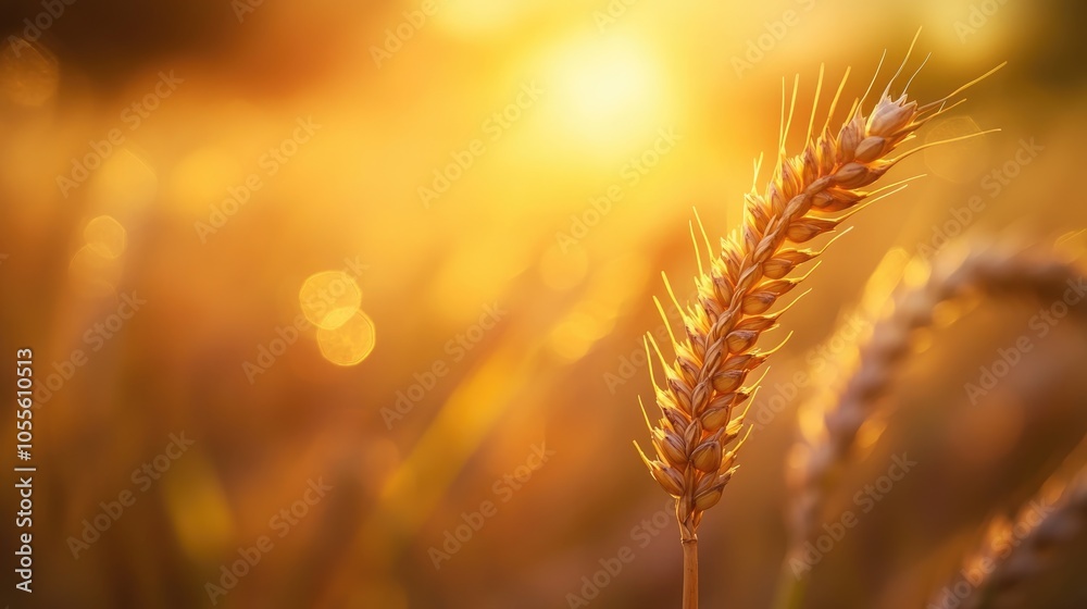 Poster Close up of a single wheat spikelet in a golden field illuminated by sunset rays featuring bokeh effects and a softly blurred background