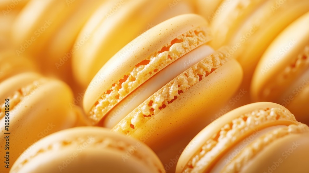Poster A collection of orange macaron pastries crafted from whipped egg whites creating a visually appealing background Focused highlights enhance the image
