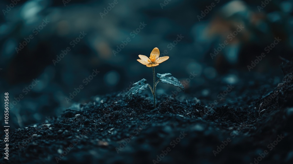 Poster young plant sprouting in dark soil with softly blurred blooms in the background