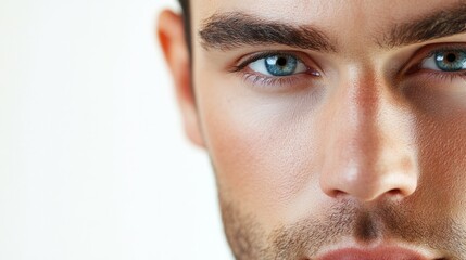 Obraz premium Close-up of a man face with slight stubble and focused eyes, conveying seriousness, isolated on white