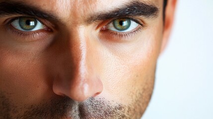 Naklejka premium Close-up of a man face with slight stubble and focused eyes, conveying seriousness, isolated on white