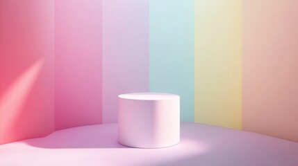Colorful pastel rainbow stage design featuring a realistic cylindrical pedestal Ideal for minimal product display and showcase mockups