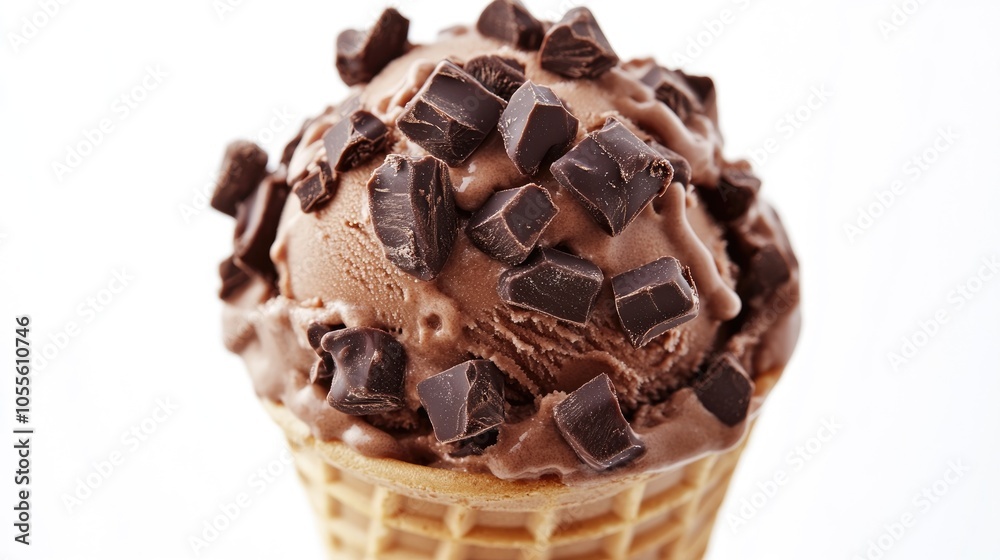 Poster chocolate ice cream cone topped with chocolate chunks against a white backdrop representing a deligh