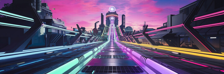 Futuristic city skyline with neon lights and a pink sky  conveying a sense of wonder and progress   