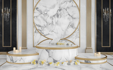 Elegant white marble podium with gold accents  perfect for product display and luxury branding   