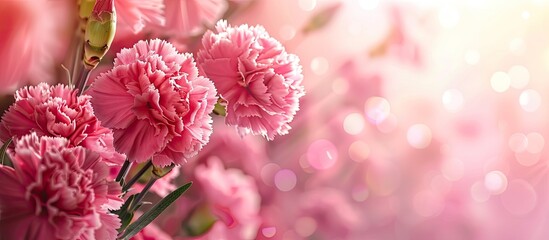 Fototapeta premium Pink banner featuring carnation flowers epitomizing a springtime theme with ample copy space image