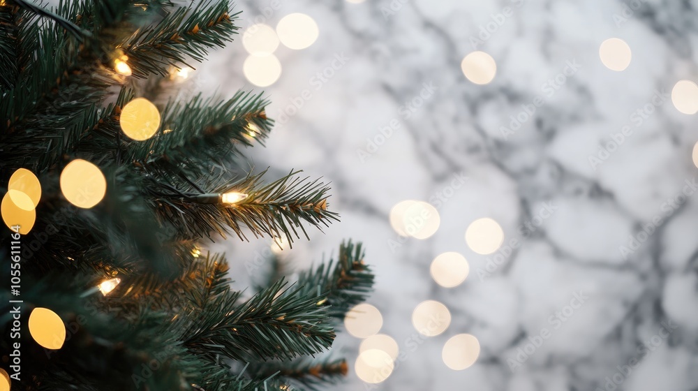 Poster Christmas tree branches with bokeh blurred fairy lights set against a marble background