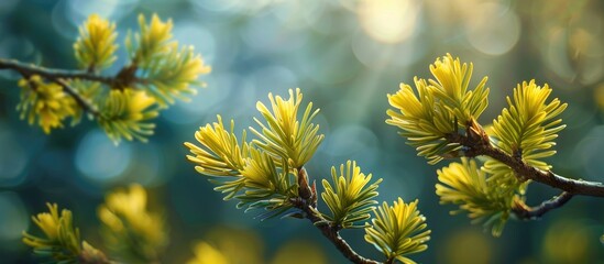 Early spring brings vibrant yellow green needles to this tree flourishing in cooler regions It s among the first to bloom leaves in spring creating a picturesque copy space image