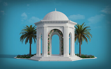 White marble gazebo with palm trees and floral accents  perfect for a romantic wedding or special event   