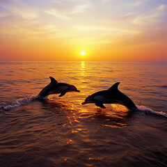 Fototapeta premium Dolphins Swimming at Sunset near the Shoreline