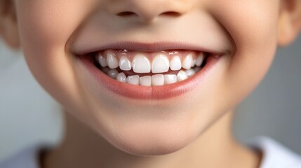 Close up of a child s smile showcasing healthy white teeth against a clean background representing a dental care theme