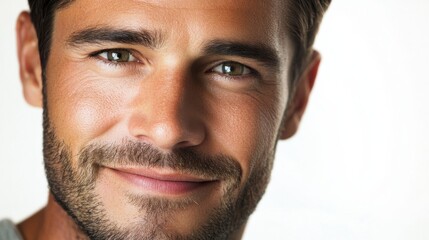 Obraz premium Close-up of a smiling man face with short brown hair and a trimmed beard, looking confidently at the camera, isolated on white